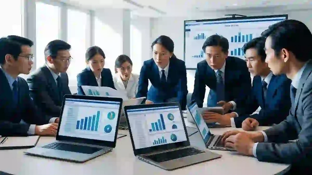 فردی در حال برنامه‌ریزی بودجه سالانه ساختمان با استفاده از لپ‌تاپ، ماشین حساب و نمودارها