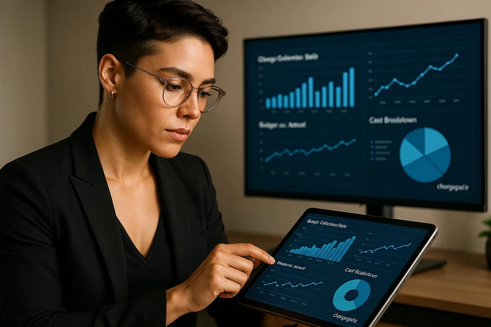 مدیر ساختمانی در حال تحلیل نمودارها و شاخص‌های کلیدی عملکرد مالی روی تبلت